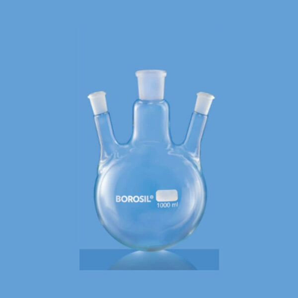 Flask, boiling, round bottom, three necks, centre and two parallel side necks, I/C joint, made of low expansion 3.3 borosilicate glass