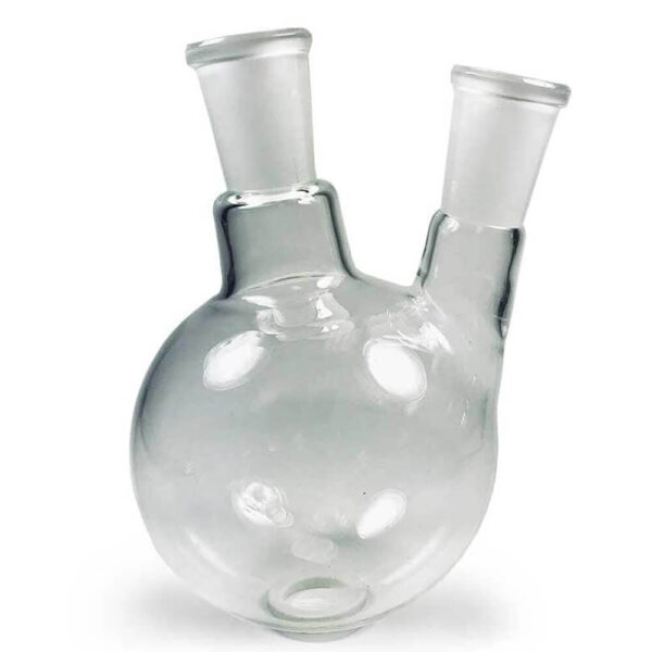 Flask, boiling, round bottom, two nacks, centre and one angled side neck, I/C joint made of low expansion 3.3 borosilicate glass